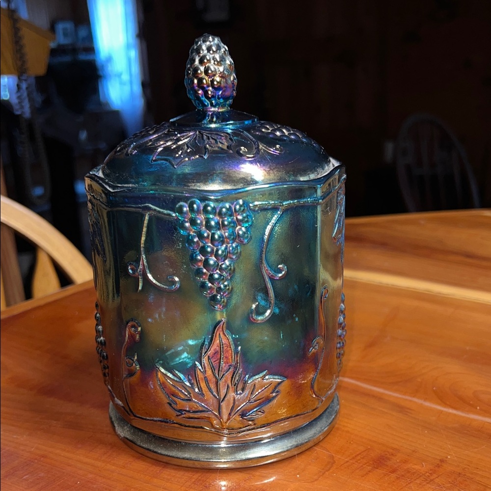 Indiana Glass Carnival Iridescent Blue-Green Covered Candy Jar